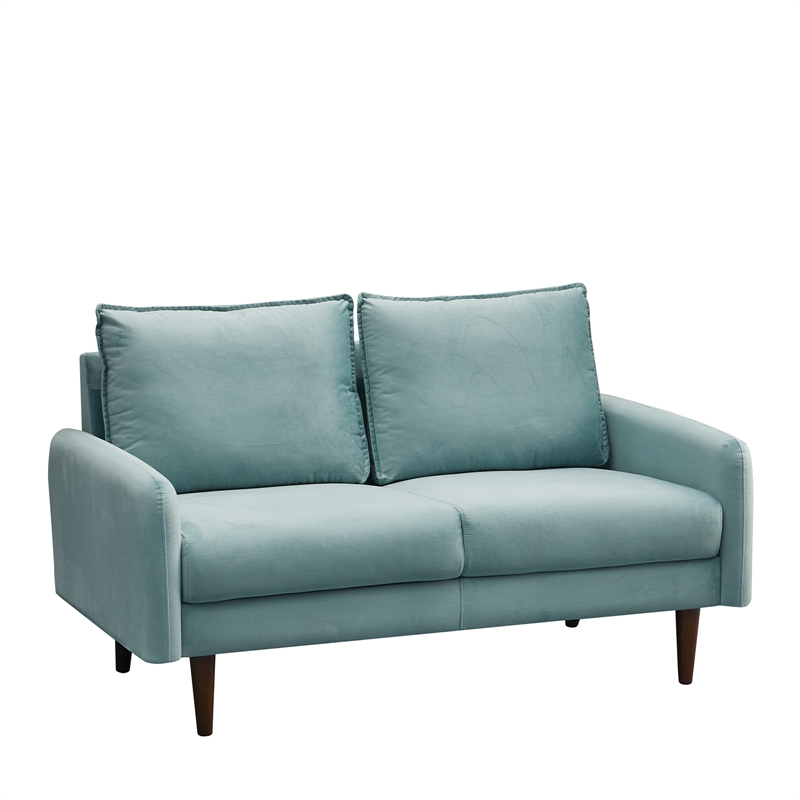 Hybition Velvet Loveseat Modern Sofa with Wooden Legs for Living Room - Cyan