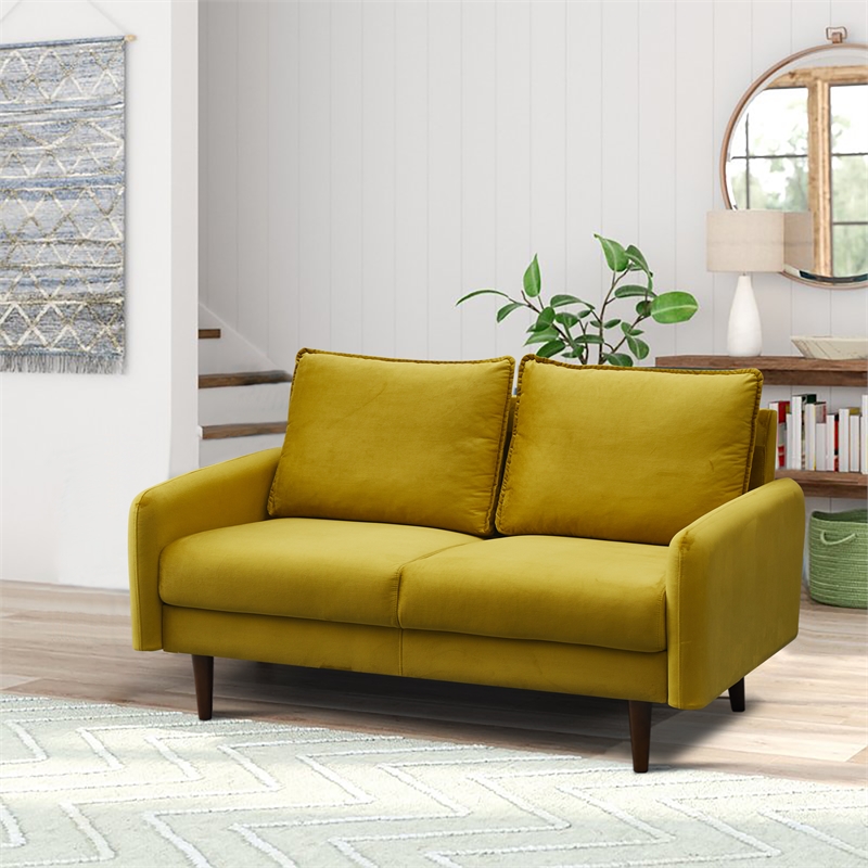 Hybition Velvet Loveseat Modern Sofa with Wooden Legs for Living Room - Gold