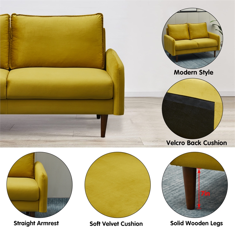 Hybition Velvet Loveseat Modern Sofa with Wooden Legs for Living Room - Gold