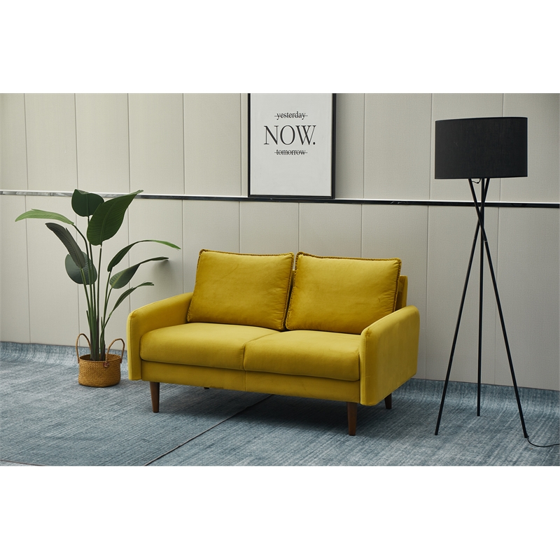 Hybition Velvet Loveseat Modern Sofa with Wooden Legs for Living Room - Gold