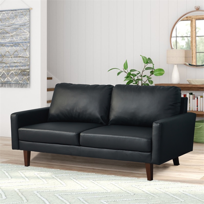 Hybition Faux Leather Sofa Mid-Century Modern Couch for Living Room/Office-Black