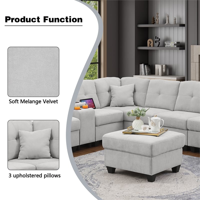 Hybition Modern Convertible Velvet Sectional Sofa with Ottoman&Console Gray