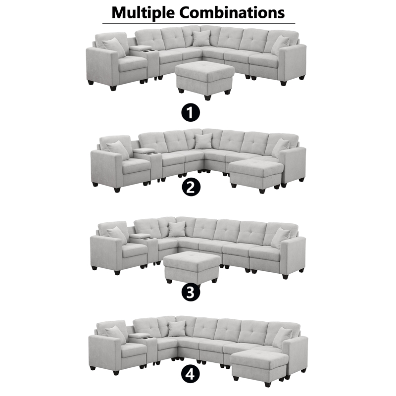 Hybition Modern Convertible Velvet Sectional Sofa with Ottoman&Console Gray