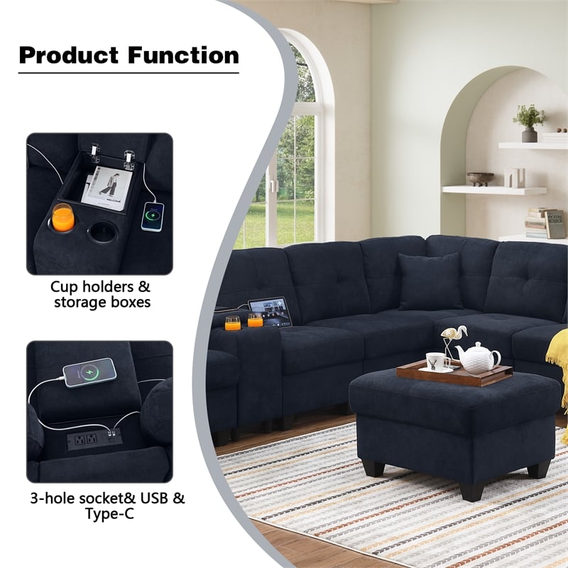 Hybition Modern Convertible Velvet Sectional Sofa with Ottoman&Console Blue
