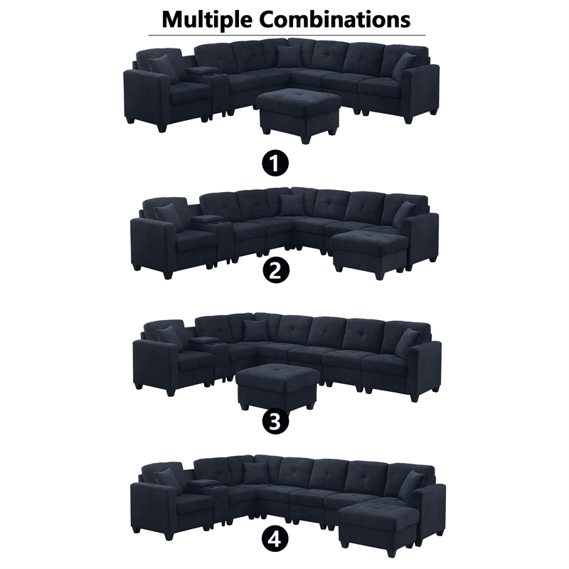 Hybition Modern Convertible Velvet Sectional Sofa with Ottoman&Console Blue