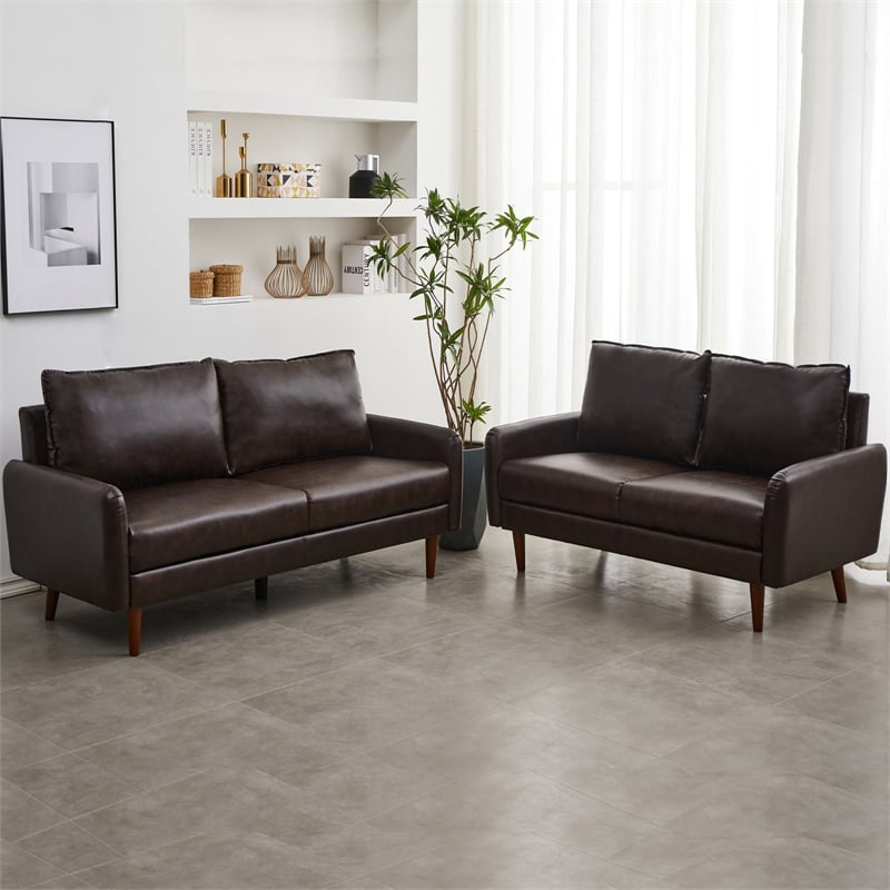 Hybition Faux Leather Loveseat Modern Sofa with Wooden Legs  Brown