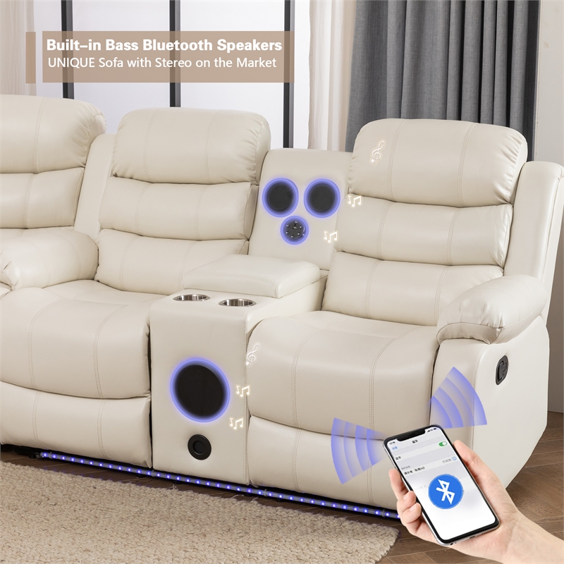 Hybition Faux Leather Living Room Set Modern Reclining Sectional Sofa White