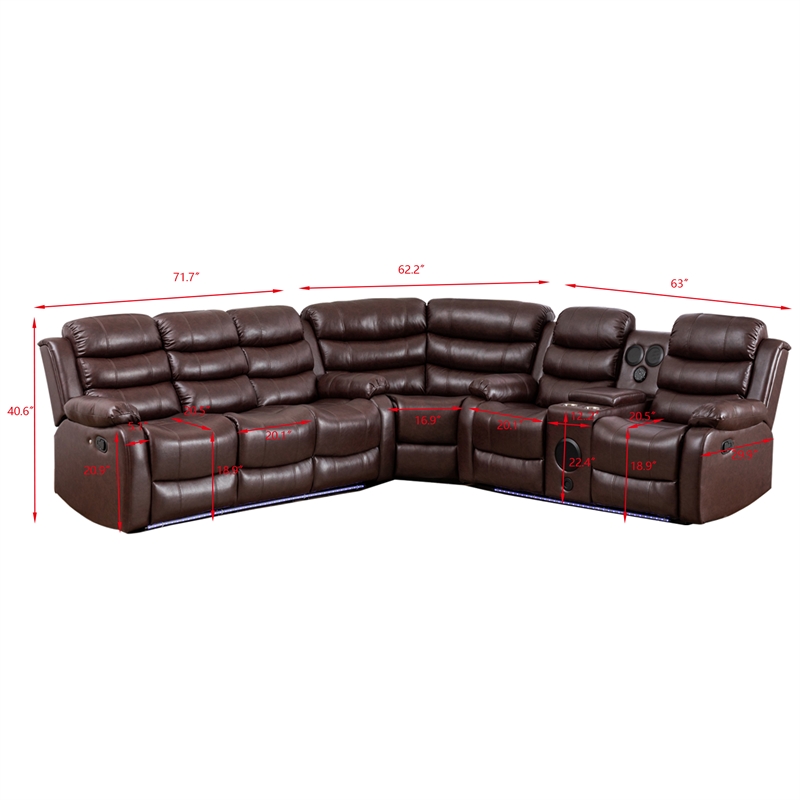 Hybition Faux Leather Living Room Set Modern Reclining Sectional Sofa Brown