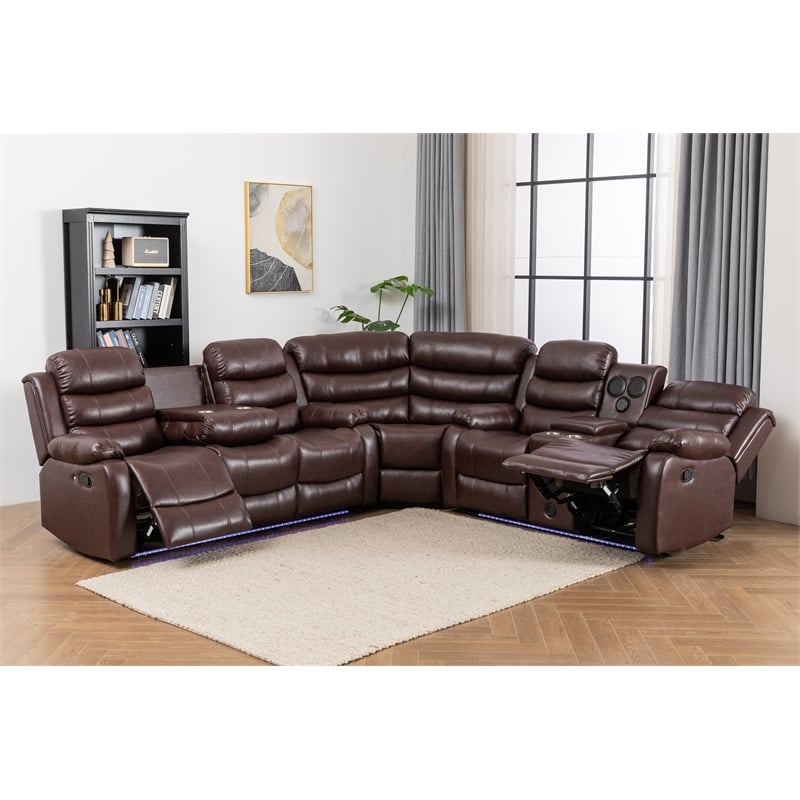 Hybition Faux Leather Living Room Set Modern Reclining Sectional Sofa Brown