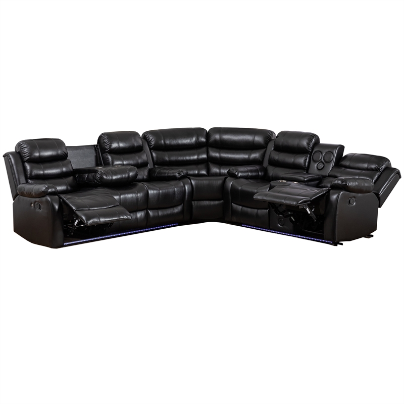 Hybition Faux Leather Living Room Set Modern Reclining Sectional Sofa Black