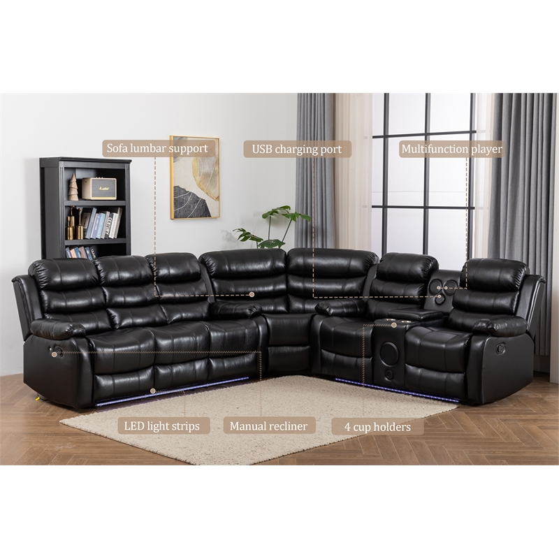 Hybition Faux Leather Living Room Set Modern Reclining Sectional Sofa Black