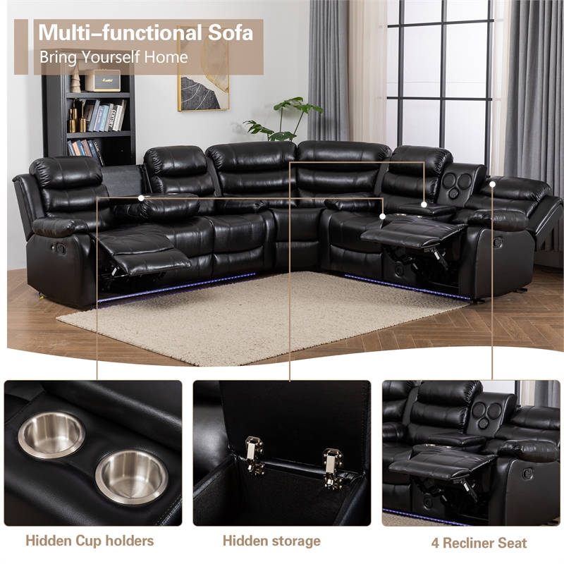 Hybition Faux Leather Living Room Set Modern Reclining Sectional Sofa Black