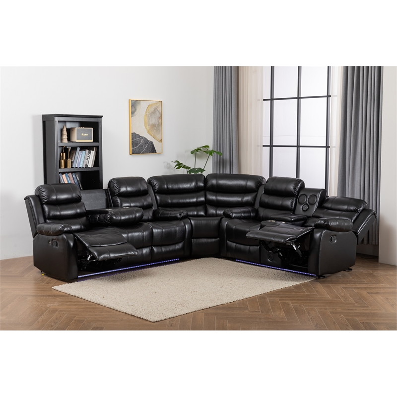 Hybition Faux Leather Living Room Set Modern Reclining Sectional Sofa Black
