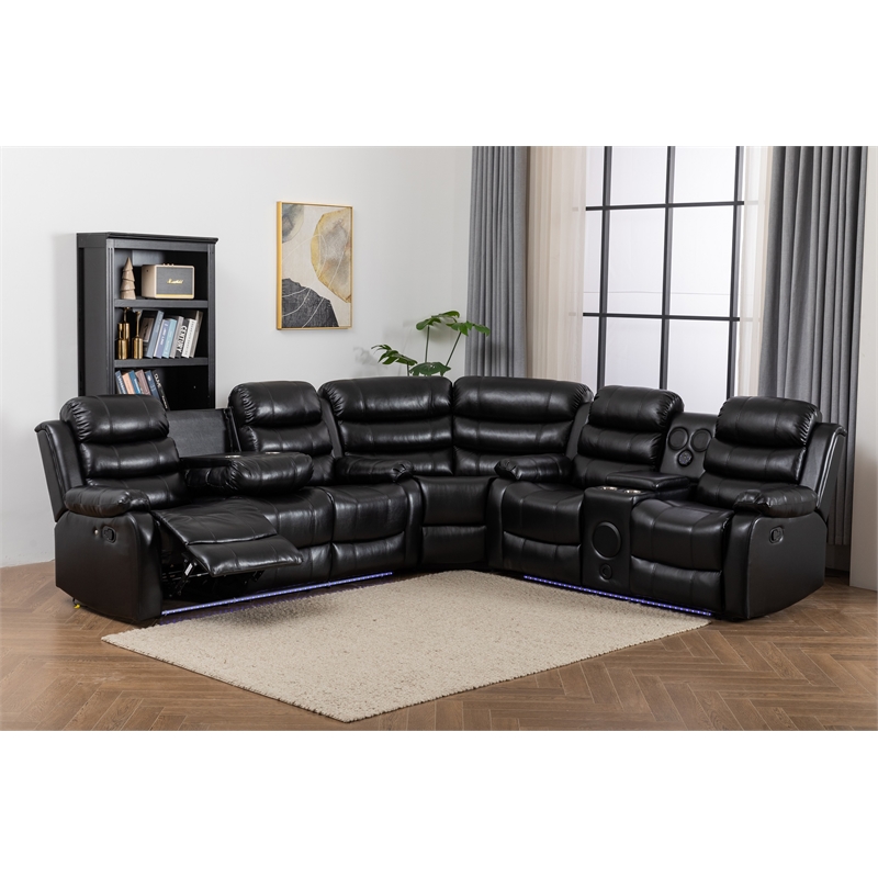 Hybition Faux Leather Living Room Set Modern Reclining Sectional Sofa Black