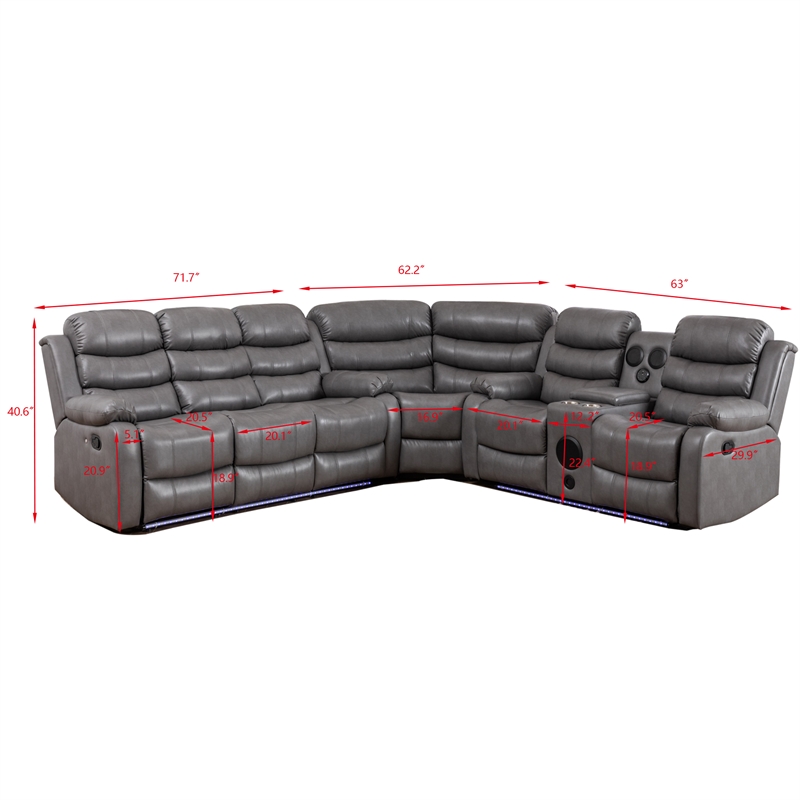 Hybition Faux Leather Living Room Set Modern Reclining Sectional Sofa Gray