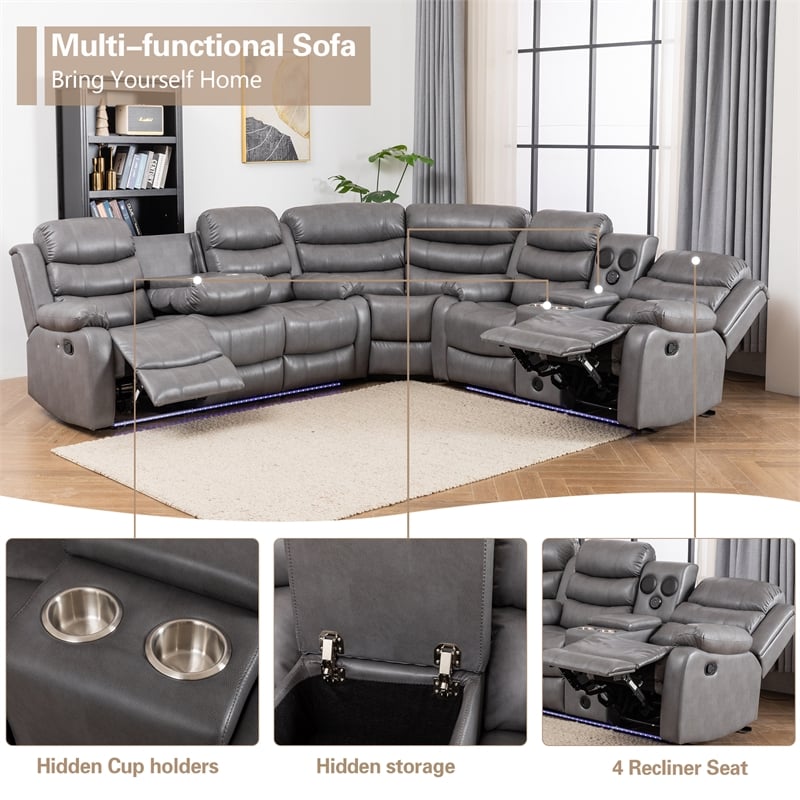 Hybition Faux Leather Living Room Set Modern Reclining Sectional Sofa Gray
