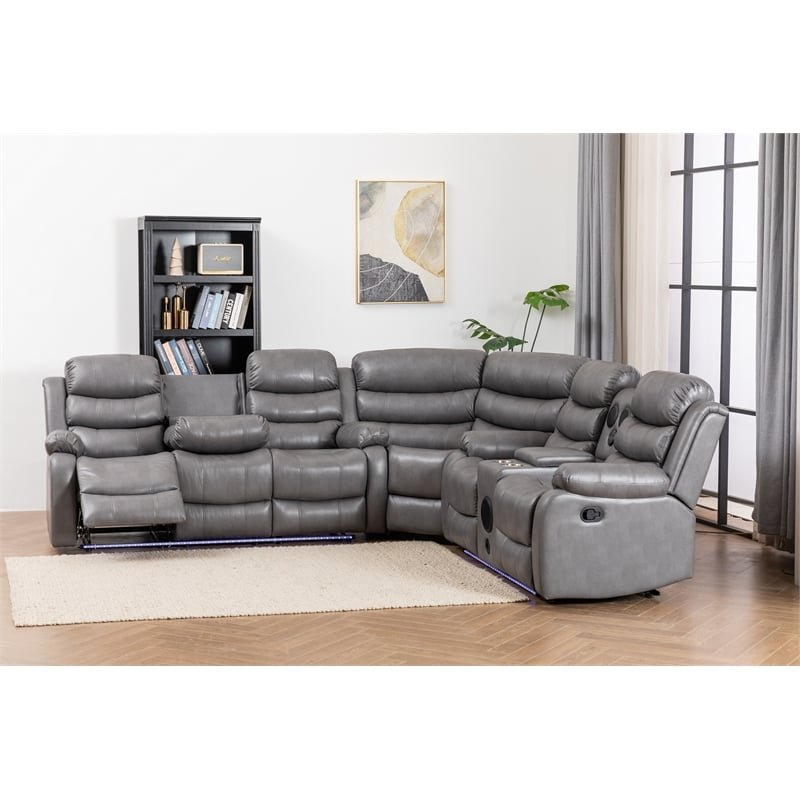 Hybition Faux Leather Living Room Set Modern Reclining Sectional Sofa Gray