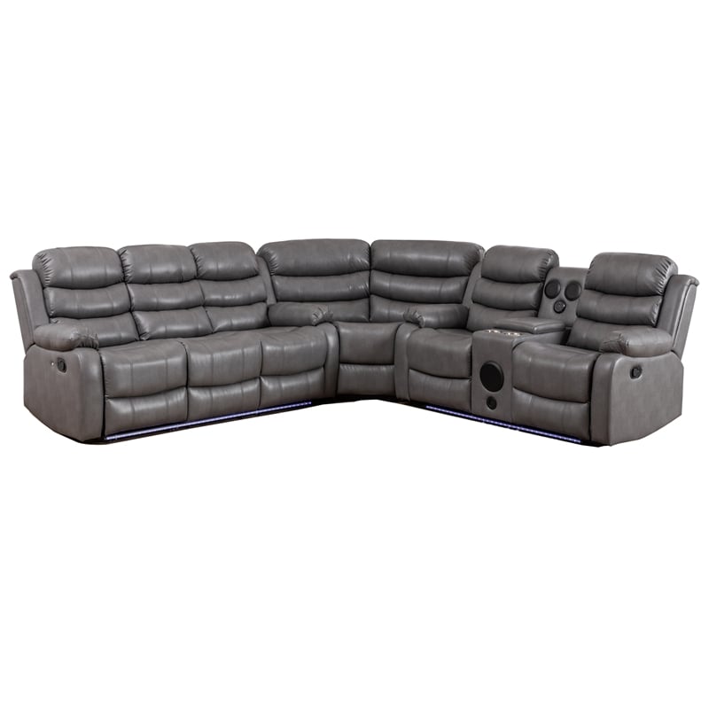 Hybition Faux Leather Living Room Set Modern Reclining Sectional Sofa Gray