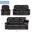Hybition PU Leather Manual Recliner Sofa Set 3 Pieces Living Room Set  Black