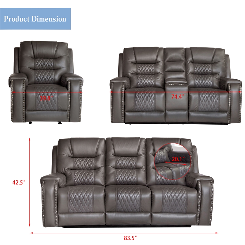 Hybition PU Leather Manual Recliner Sofa Set 3 Pieces Living Room Set  Gray