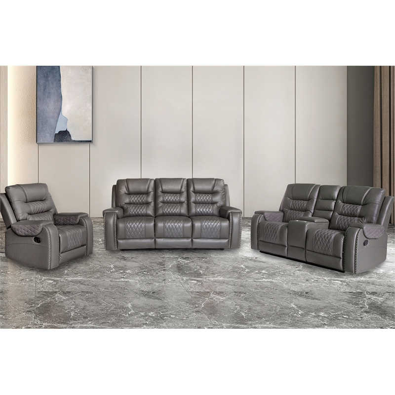 Hybition PU Leather Manual Recliner Sofa Set 3 Pieces Living Room Set  Gray