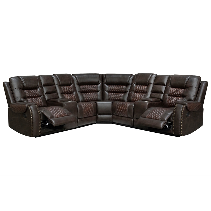 Hybition Manual Recliner Sectional Sofa Set PU Leather L-Shaped Couch Brown
