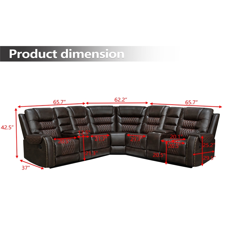 Hybition Manual Recliner Sectional Sofa Set PU Leather L-Shaped Couch Brown