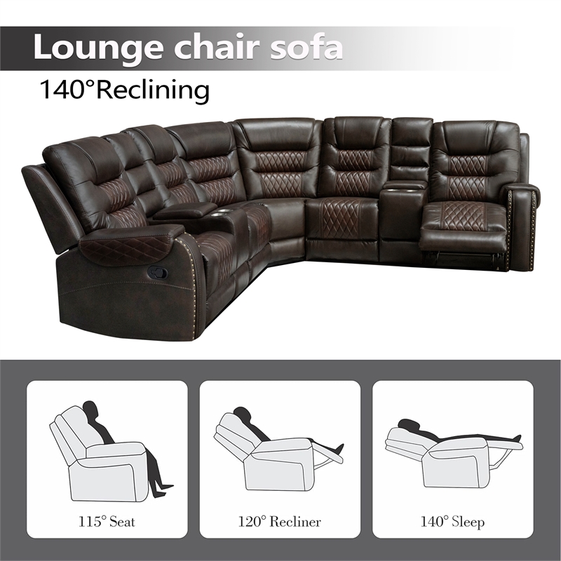 Hybition Manual Recliner Sectional Sofa Set PU Leather L-Shaped Couch Brown