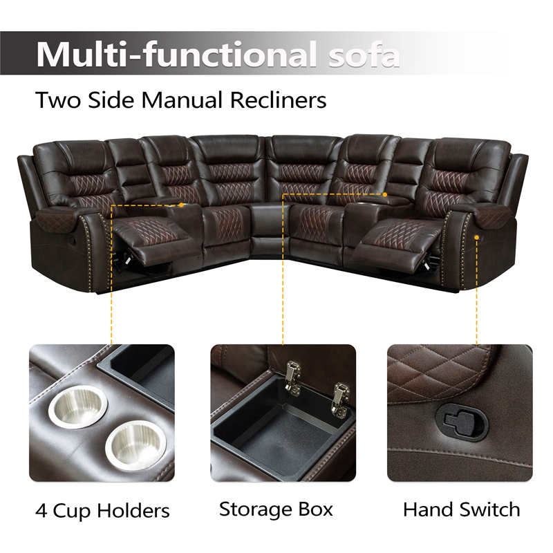 Hybition Manual Recliner Sectional Sofa Set PU Leather L-Shaped Couch Brown