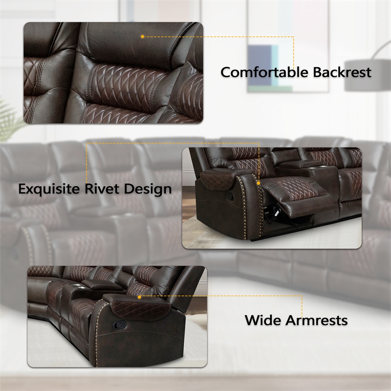 Hybition Manual Recliner Sectional Sofa Set PU Leather L-Shaped Couch Brown