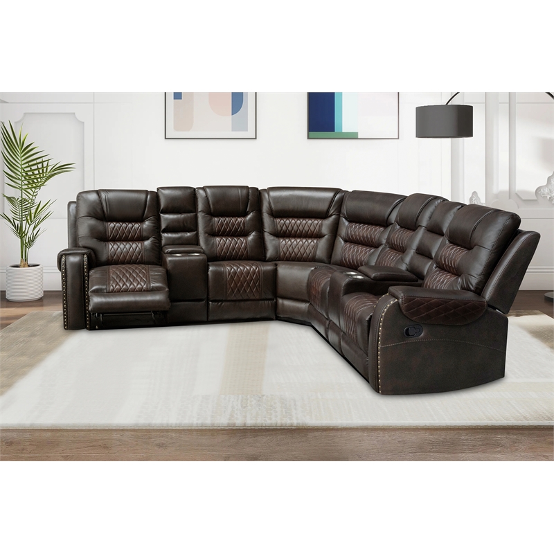 Hybition Manual Recliner Sectional Sofa Set PU Leather L-Shaped Couch Brown