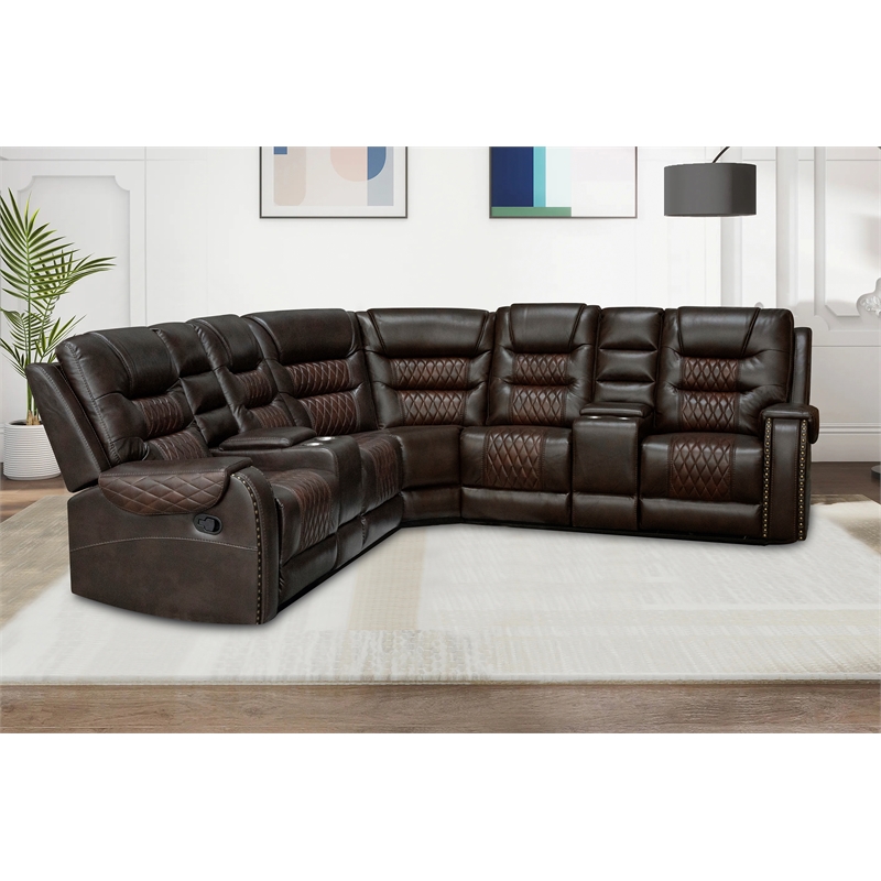 Hybition Manual Recliner Sectional Sofa Set PU Leather L-Shaped Couch Brown
