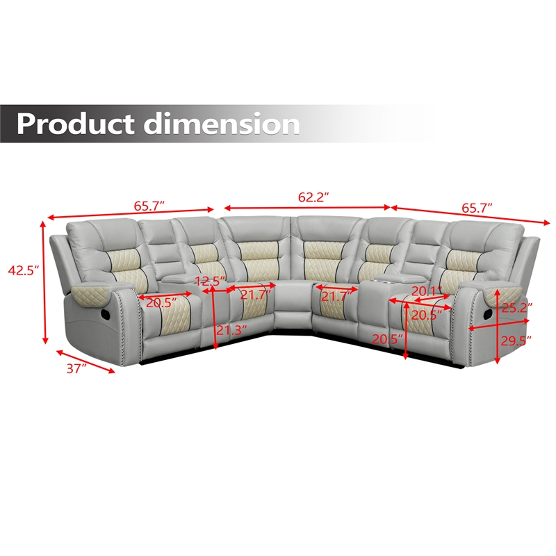 Hybition Manual Recliner Sectional Sofa Set PU Leather L-Shaped Couch Beige