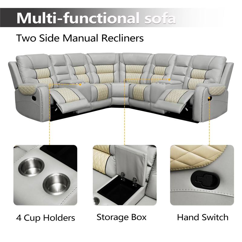 Hybition Manual Recliner Sectional Sofa Set PU Leather L-Shaped Couch Beige