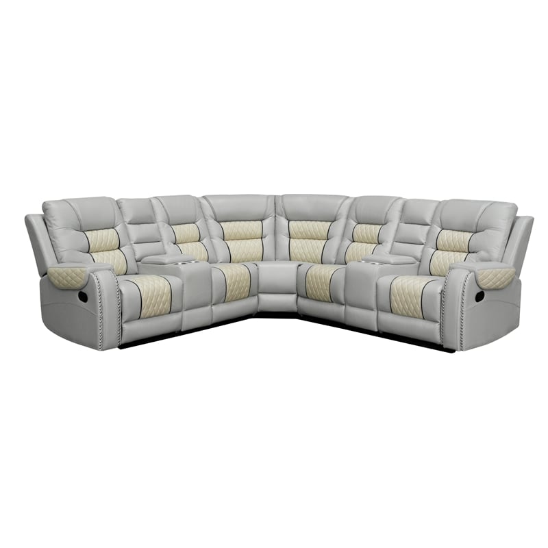 Hybition Manual Recliner Sectional Sofa Set PU Leather L-Shaped Couch Beige