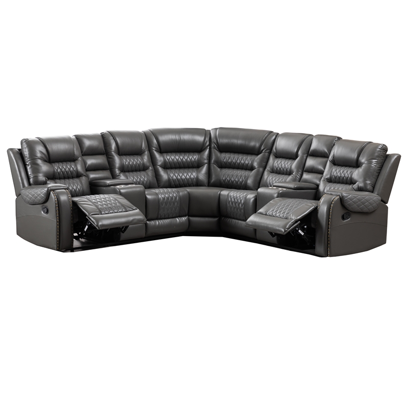 Hybition Manual Recliner Sectional Sofa Set PU Leather L-Shaped Couch Gray