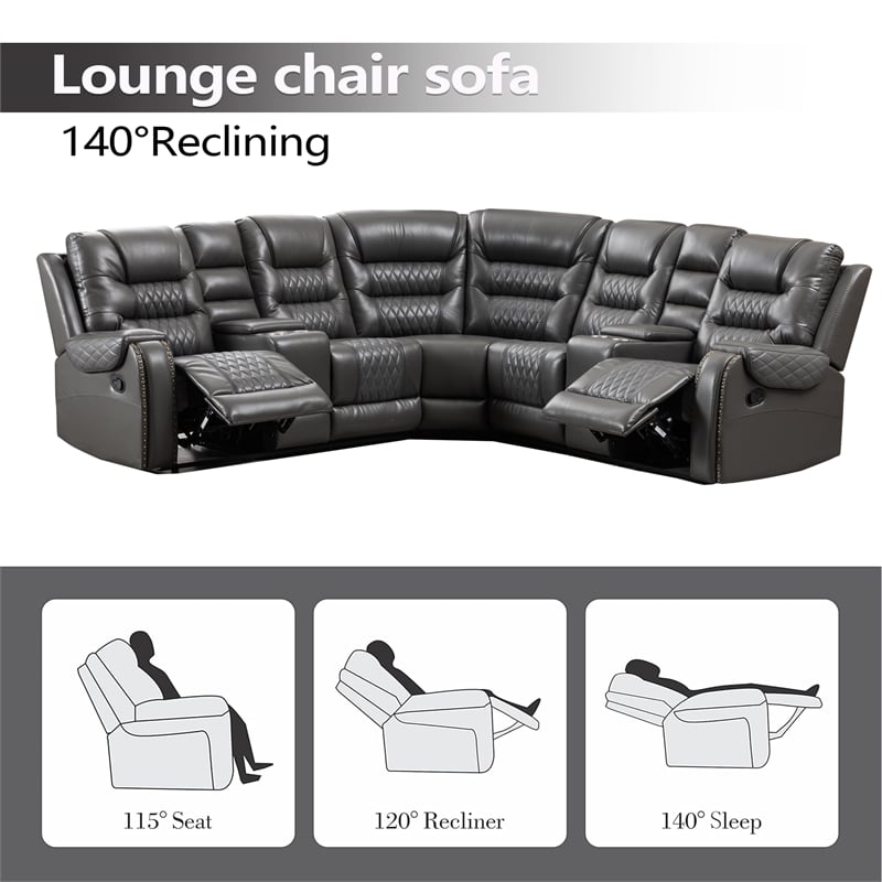Hybition Manual Recliner Sectional Sofa Set PU Leather L-Shaped Couch Gray