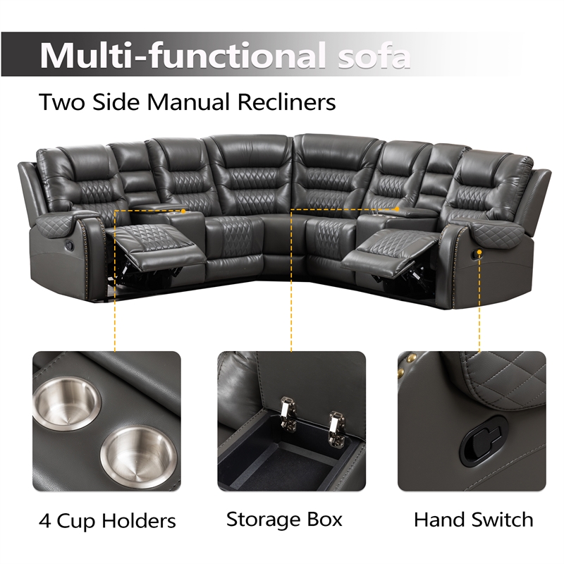 Hybition Manual Recliner Sectional Sofa Set PU Leather L-Shaped Couch Gray