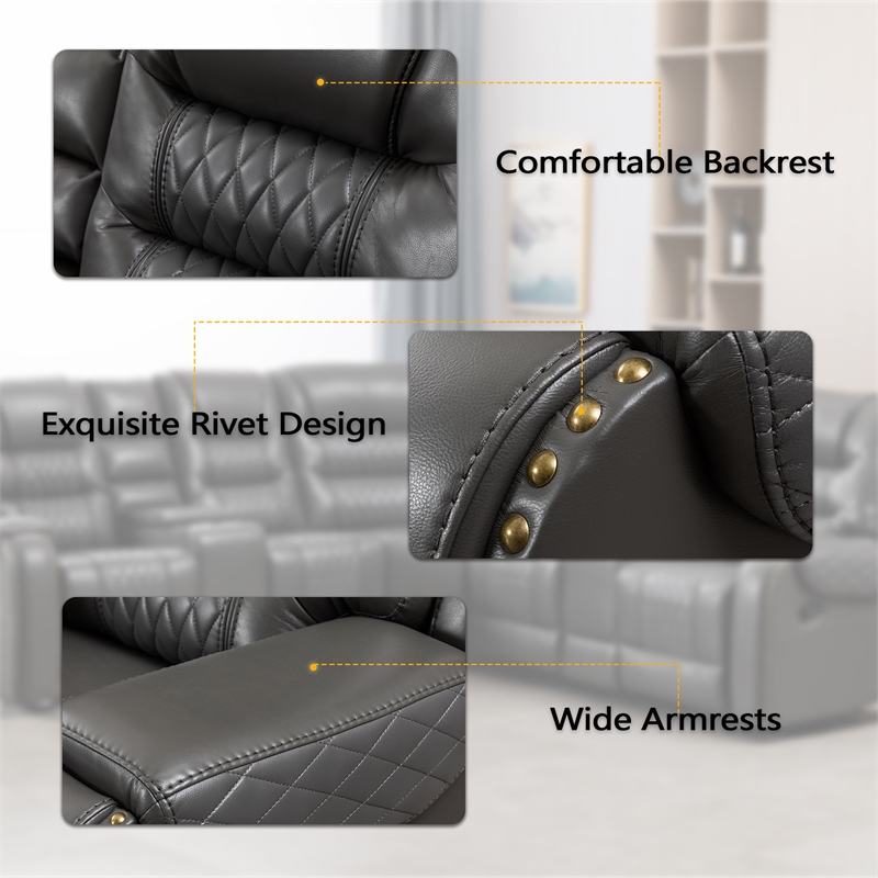 Hybition Manual Recliner Sectional Sofa Set PU Leather L-Shaped Couch Gray