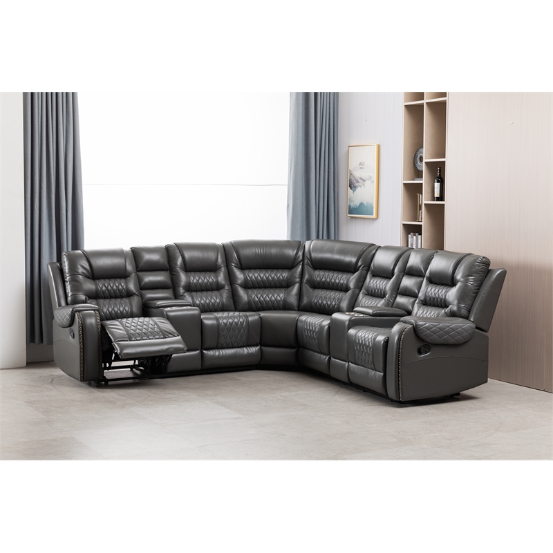 Hybition Manual Recliner Sectional Sofa Set PU Leather L-Shaped Couch Gray