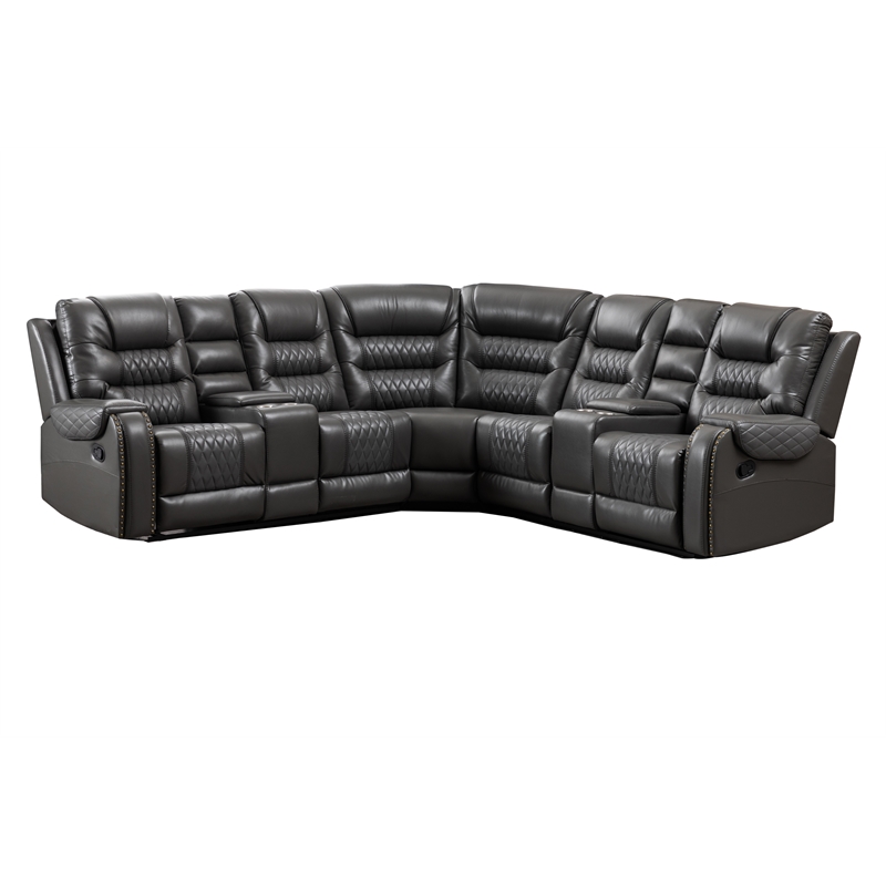 Hybition Manual Recliner Sectional Sofa Set PU Leather L-Shaped Couch Gray