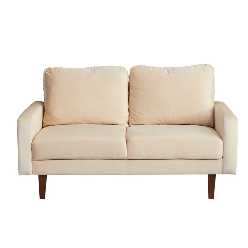 Hybition Velvet Loveseat Modern Sofa with Wooden Legs-Beige