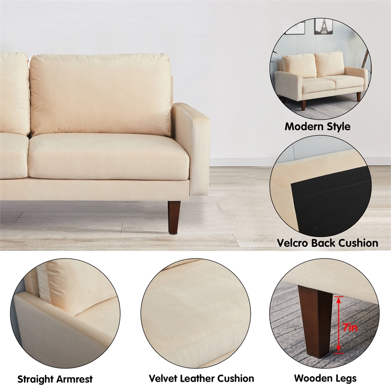 Hybition Velvet Loveseat Modern Sofa with Wooden Legs-Beige