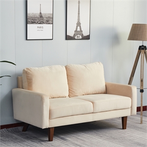 Hybition Velvet Loveseat Modern Sofa with Wooden Legs-Beige