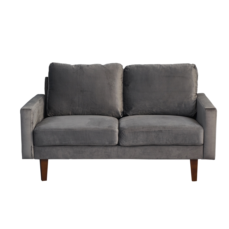 Hybition Velvet Loveseat Modern Sofa with Wooden Legs-Grey