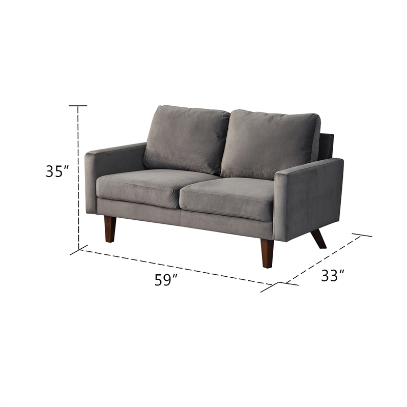Hybition Velvet Loveseat Modern Sofa with Wooden Legs-Grey