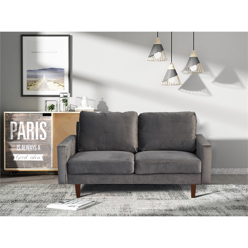 Hybition Velvet Loveseat Modern Sofa with Wooden Legs-Grey