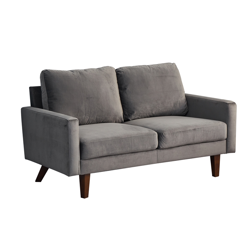 Hybition Velvet Loveseat Modern Sofa with Wooden Legs-Grey
