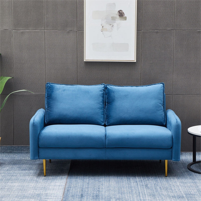Hybition Velvet Loveseat Modern Sofa with Metal Legs for Living Room-Blue