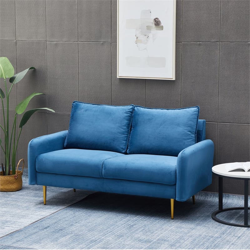 Hybition Velvet Loveseat Modern Sofa with Metal Legs for Living Room-Blue